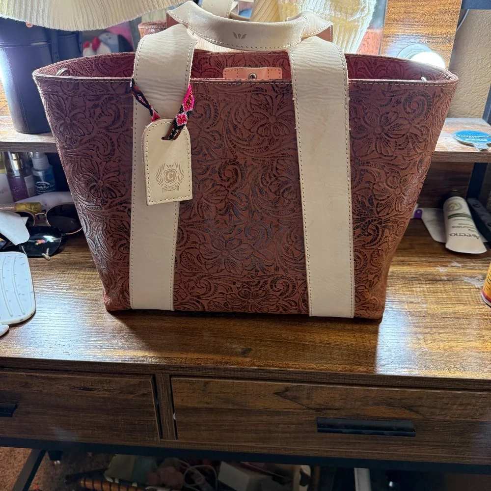 Consuela Brown Tooled Leather Tote with Cream Straps